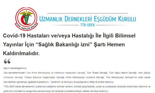 Covid-19 Hastaları ve/veya Hastalığı İle İlgili Bilimsel Yayınlar İçin “Sağlık Bakanlığı izni” Şartı Hemen Kaldırılmalıdır.