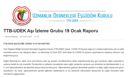 TTB-UDEK Aşı İzleme Grubu 19 Ocak Raporu