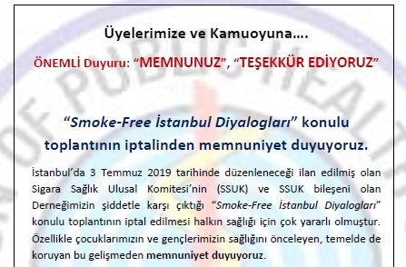 “Smoke-Free İstanbul Diyalogları” Konulu Toplantının İptalinden Memnuniyet Duyuyoruz